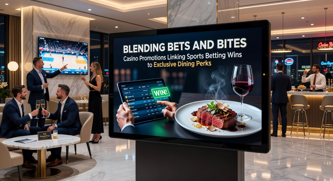 Sports bettors celebrating a win at a casino table next to a luxurious dining setup featuring gourmet dishes and championship trophies