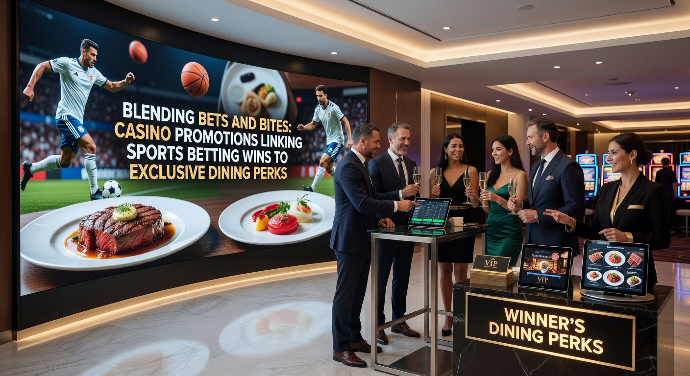 Gourmet dining scene in a casino with patrons reviewing sports betting slips amid elegant table settings and championship memorabilia