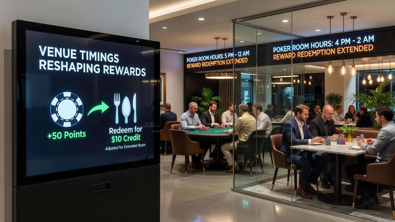 Tiered loyalty members redeeming points at a casino dining outlet near poker area