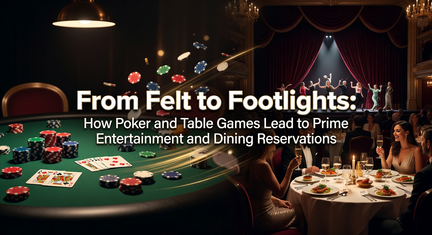 Players at a bustling poker table in a vibrant casino, chips stacked high as they eye prime reservations for shows and dinners