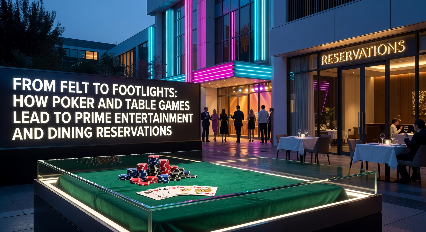 A glamorous dining setup next to a lively table games pit, with show tickets visible on the table amid champagne glasses