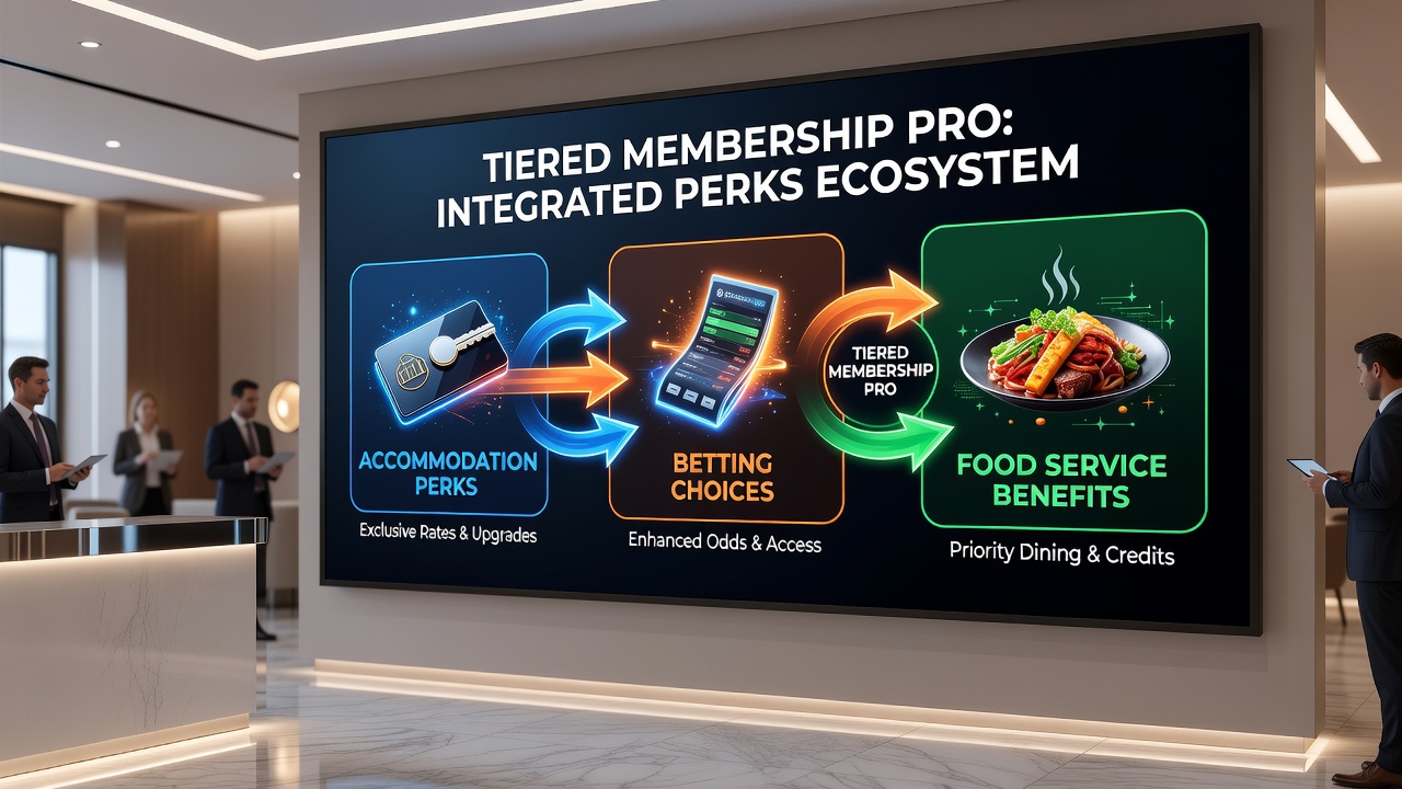 Restaurant interior at a casino resort featuring loyalty tier signage and menu options tied to membership rewards