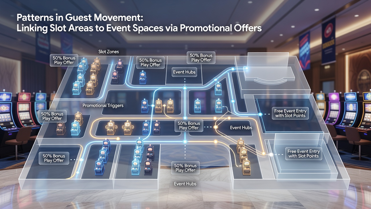 Event space entrance connected to casino slot area with visible promotional pathways and guest flow indicators