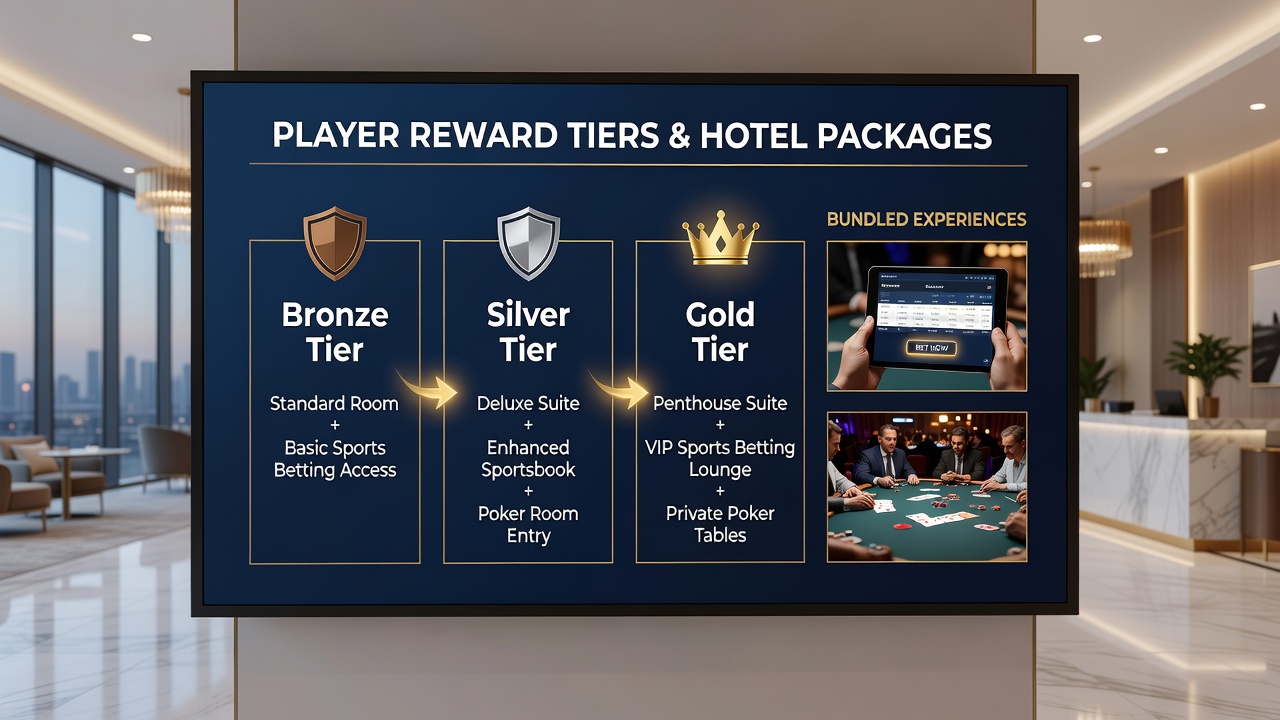 Players at poker tables and sports betting terminals inside a casino rewarded through tier benefits
