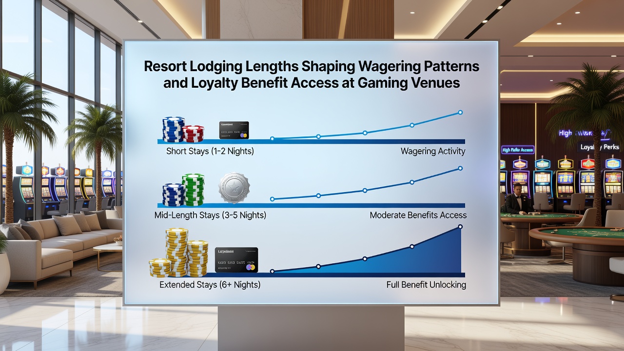 Loyalty member lounge at a casino resort with guests reviewing reward benefits after extended stays