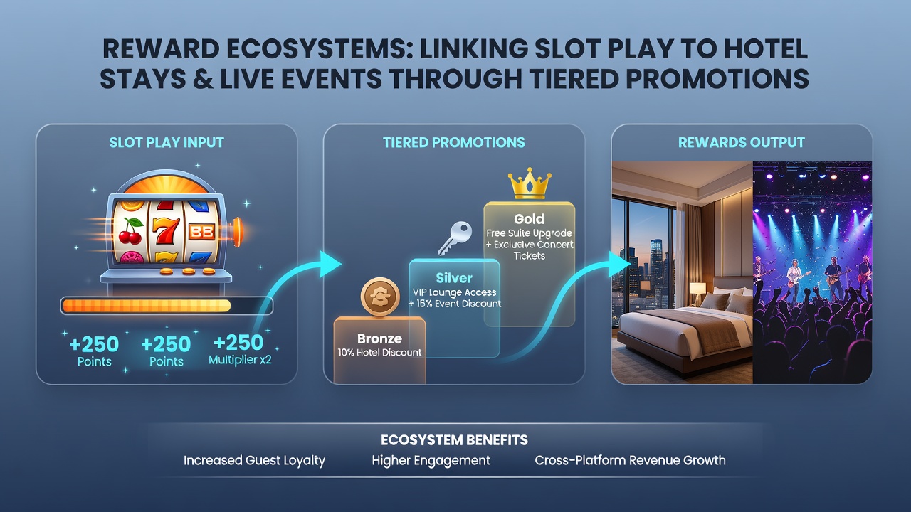 Tiered promotion chart showing slot points converting to hotel stays and event tickets