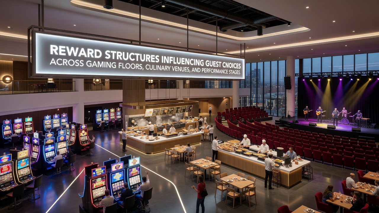 Elegant casino restaurant interior with guests using loyalty cards for rewards and nearby performance venue entrance