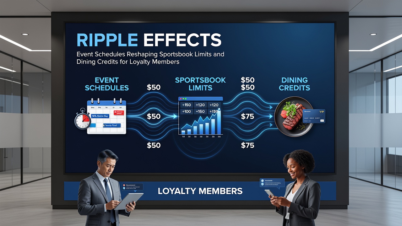 Loyalty members redeeming dining credits at a casino restaurant with event schedule boards visible in the background