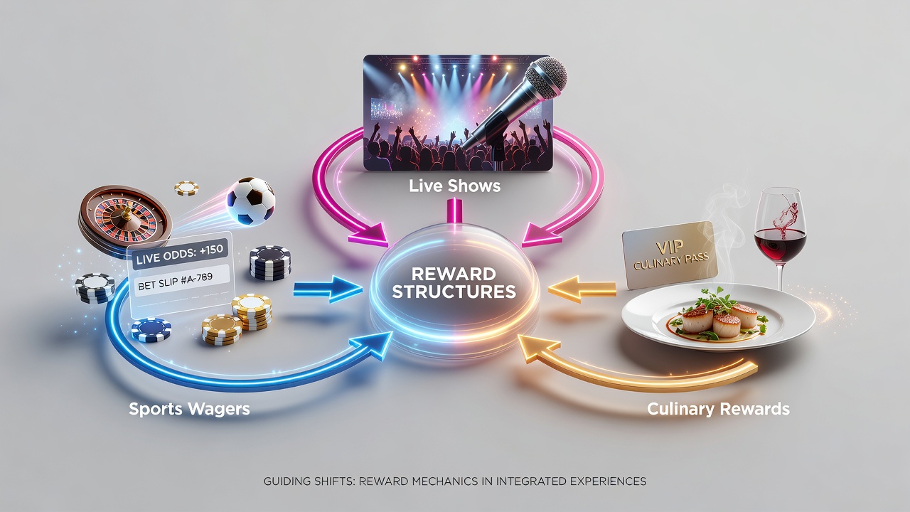 Loyalty member using a resort app to redeem points for a dining reservation after attending a live show connected to earlier sports wager activity