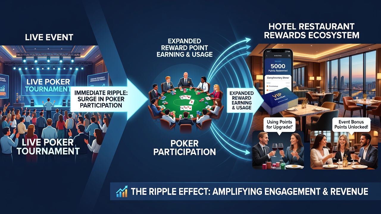 Interior view of hotel restaurant with poker players redeeming reward points at tables